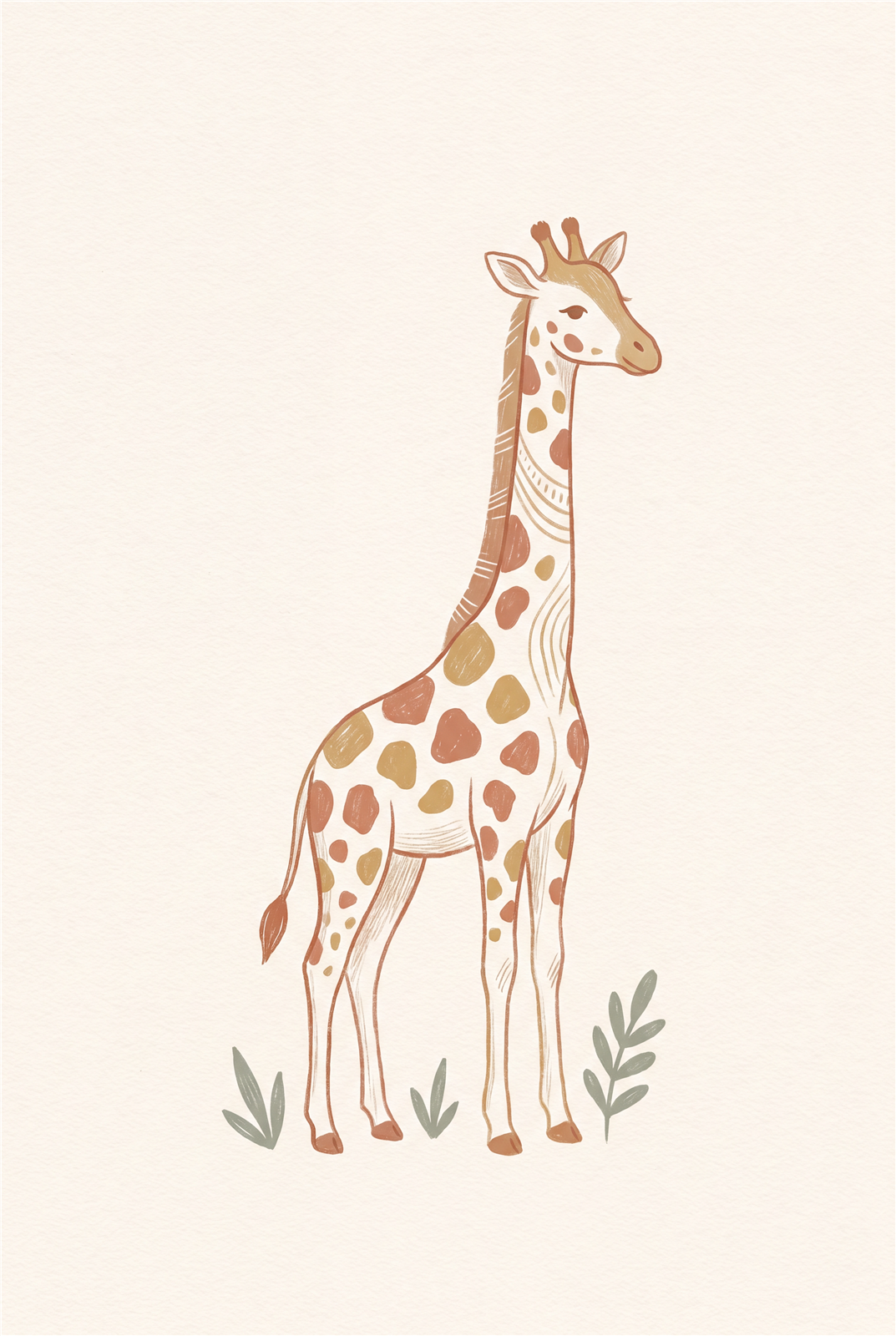Boho baby giraffe printable nursery poster in terracotta and muted gold