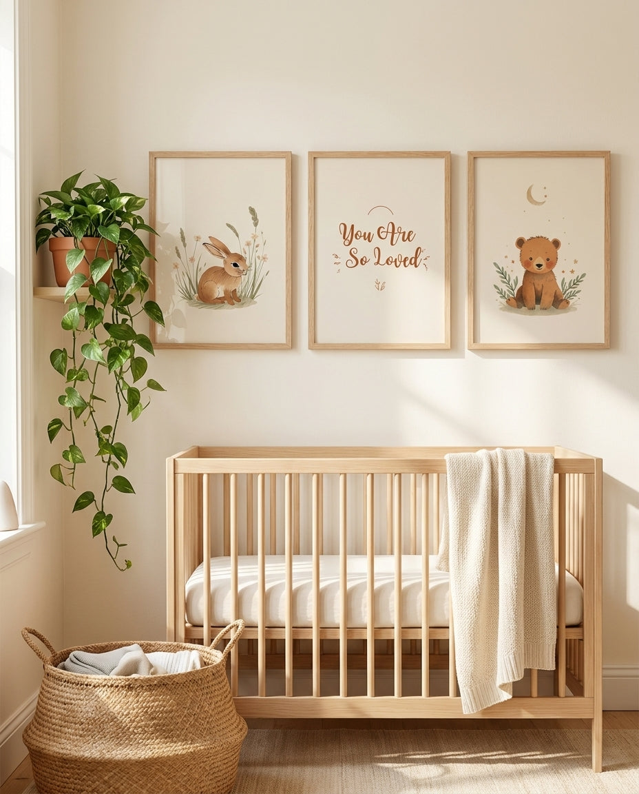 Neutral boho nursery wall art set of three hung above a crib