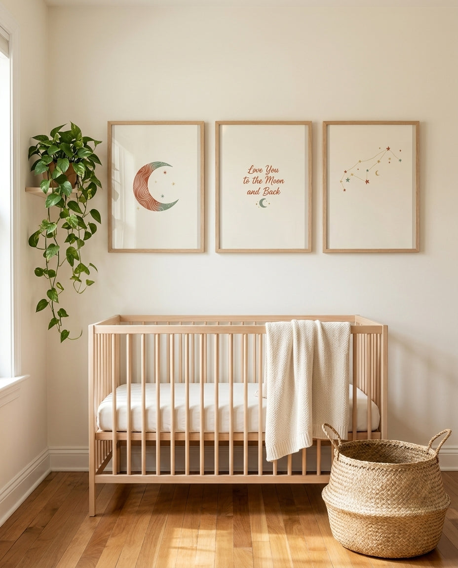 Celestial nursery wall art set printed and framed above a crib