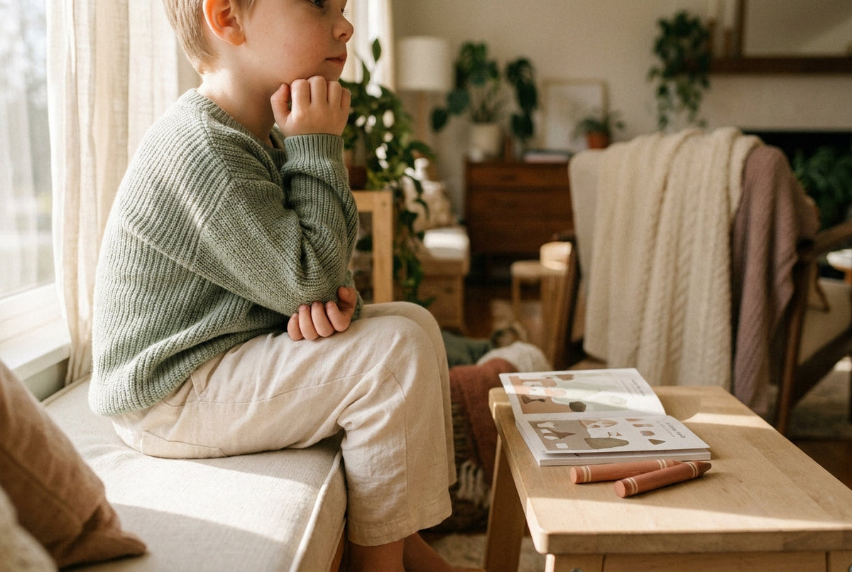 A child sitting by a window with a printed activity pack within reach