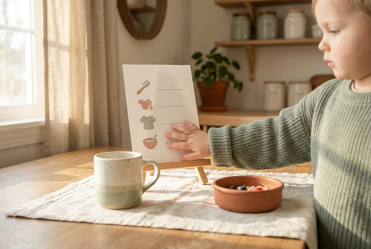 A child checking a printed morning routine chart at the breakfast table