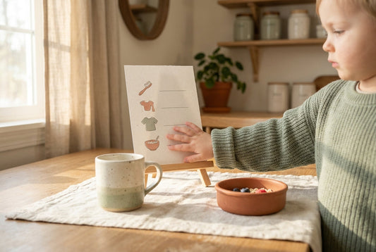 A child checking a printed morning routine chart at the breakfast table