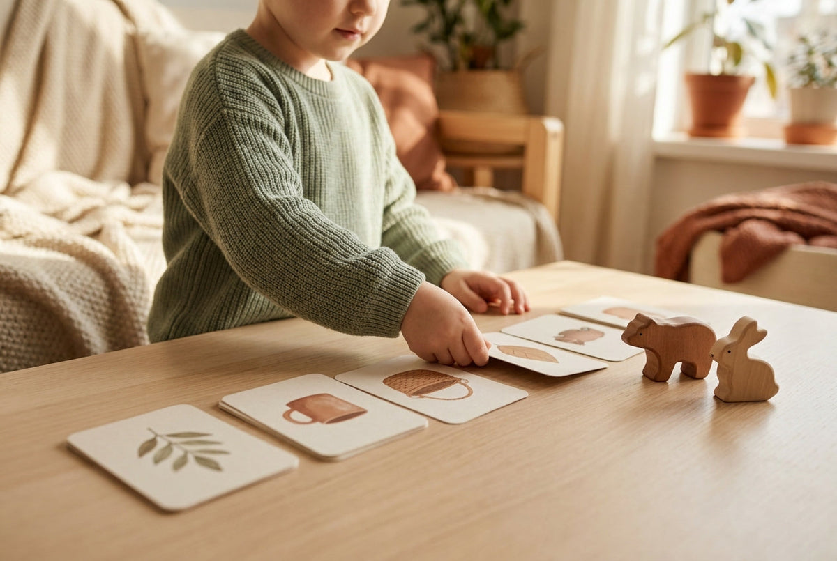 A child playing a matching card game with printed cards at a table