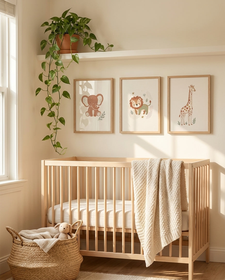 Safari nursery wall art set of three styled as a baby shower gift