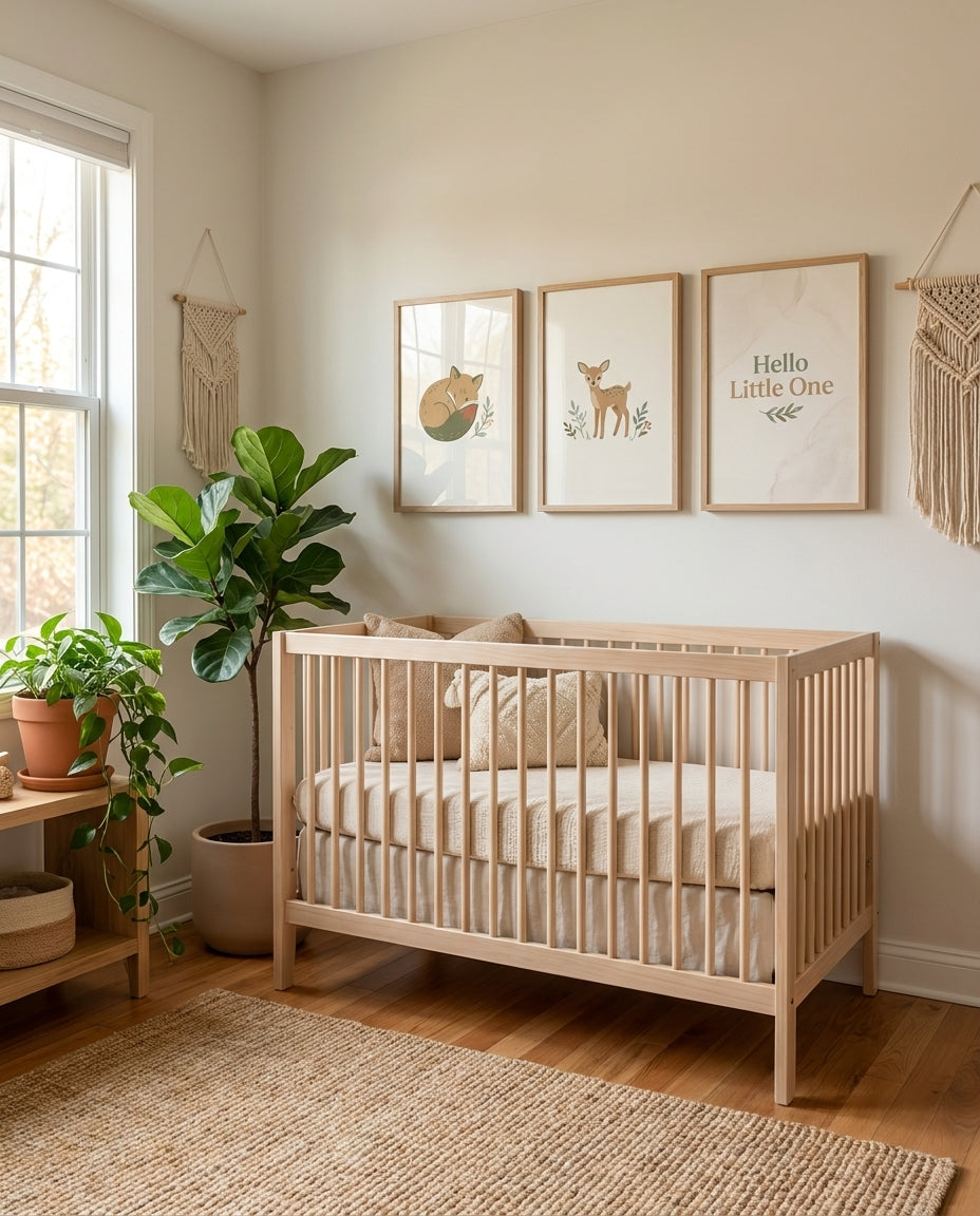 Woodland nursery wall art set of three with fox and deer above a crib