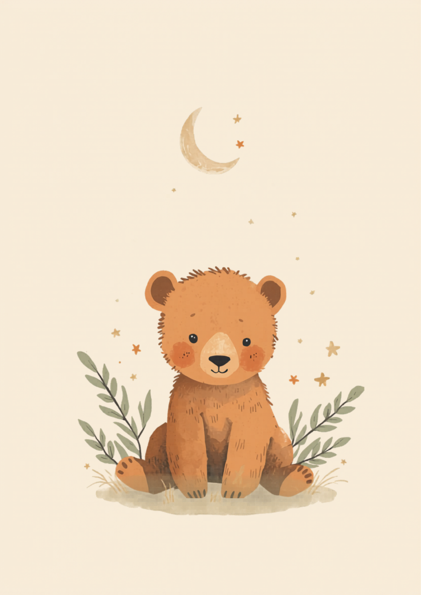 Boho bear cub nursery printable poster with moon and stars