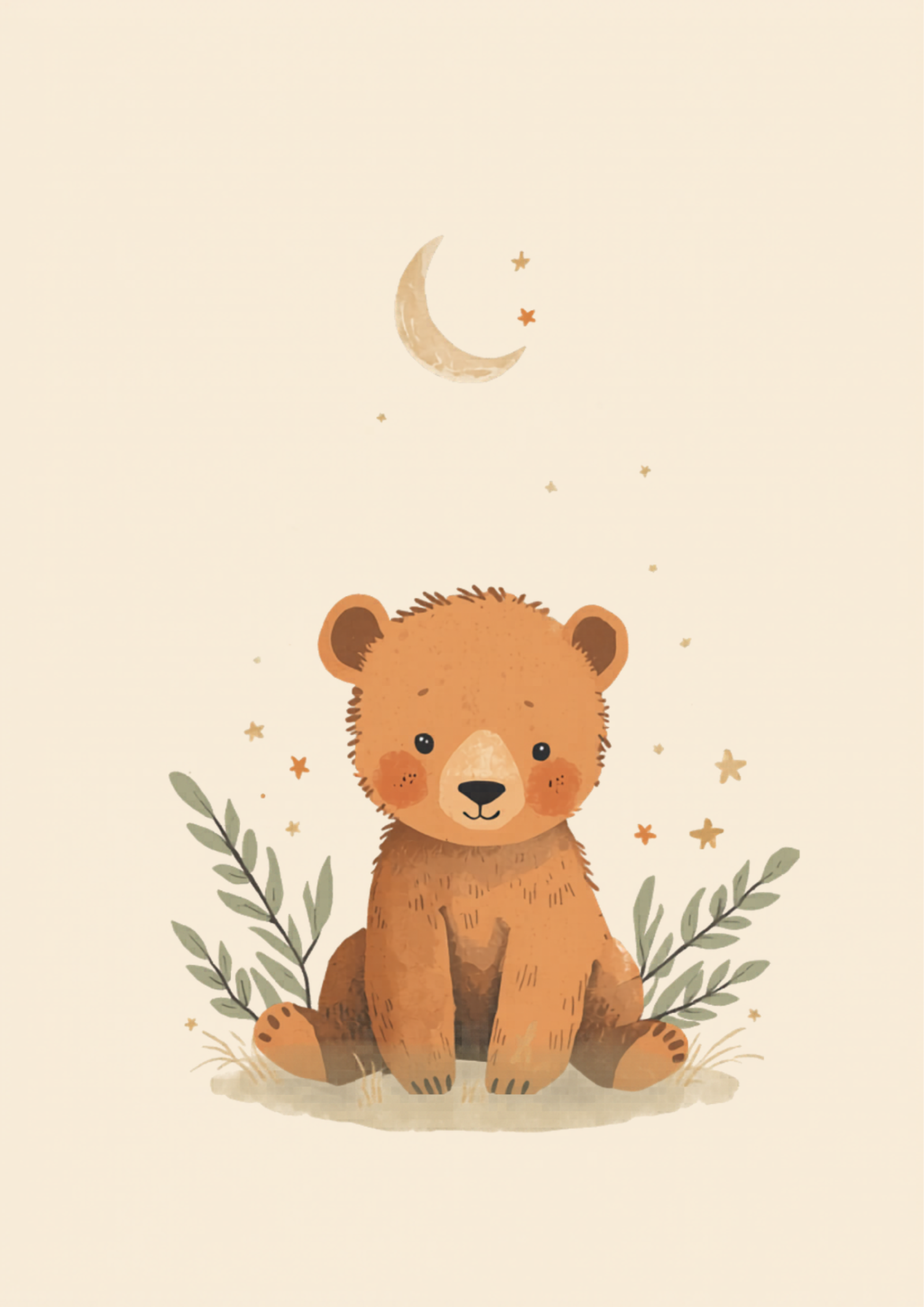 Boho bear cub nursery printable poster with moon and stars