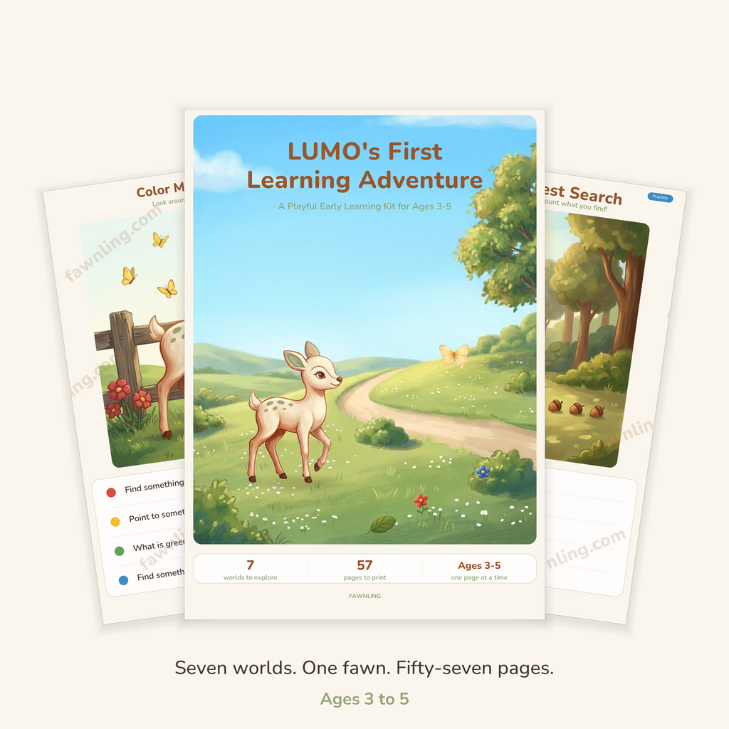 LUMO's First Learning Adventure cover with two activity pages, 57 printable pages for ages 3 to 5