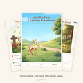 LUMO's First Learning Adventure cover with two activity pages, 57 printable pages for ages 3 to 5