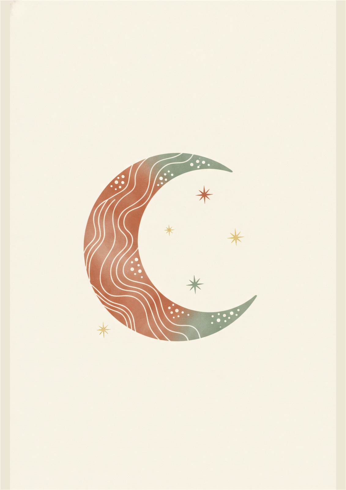 Boho crescent moon printable nursery poster in neutral terracotta and sage