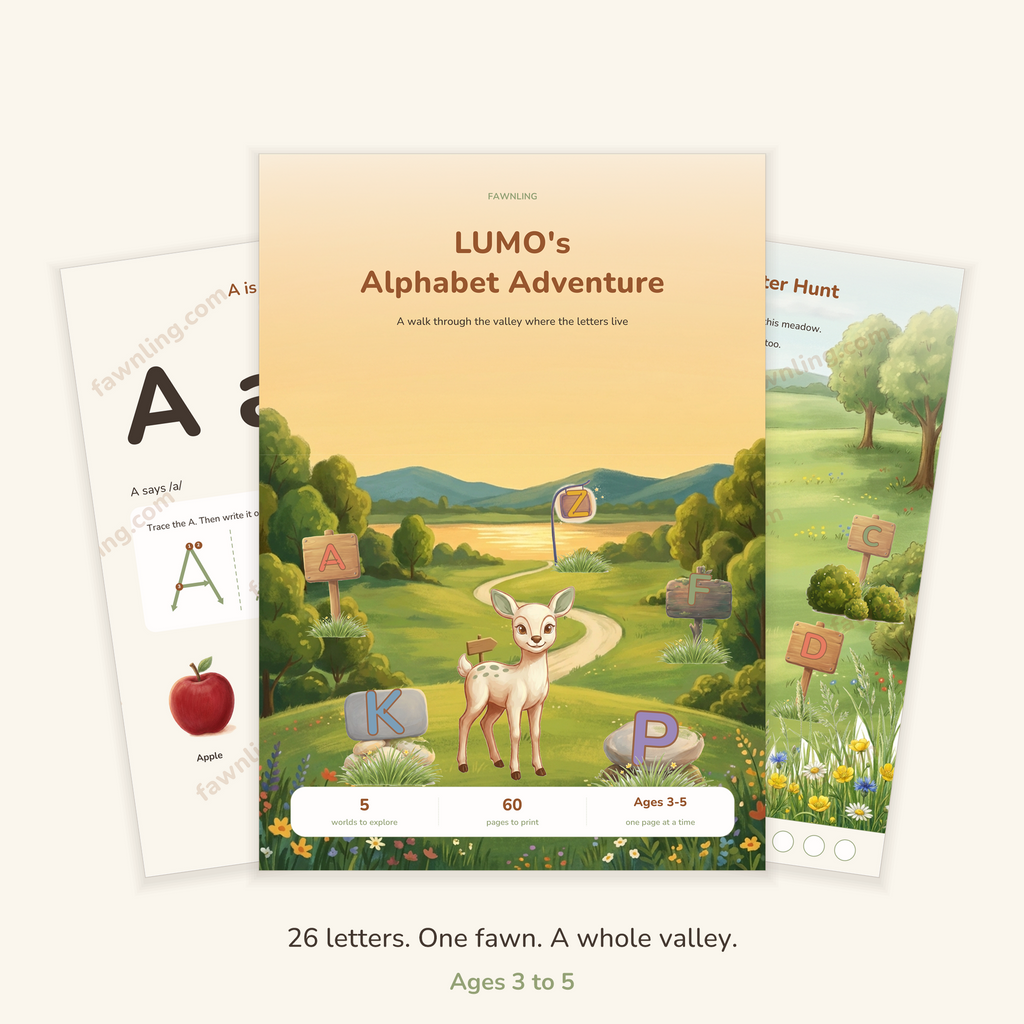 LUMO's Alphabet Adventure Kit cover: a fawn in a valley with letter signposts. Five worlds, sixty pages, ages 3 to 5