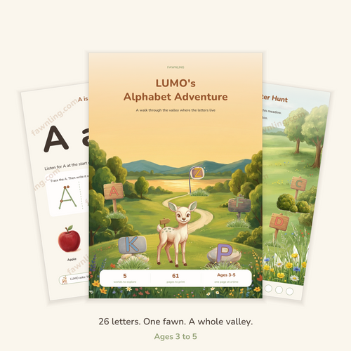 LUMO's Alphabet Adventure Kit cover: a fawn in a valley with letter signposts. Five worlds, 61 pages, ages 3 to 5