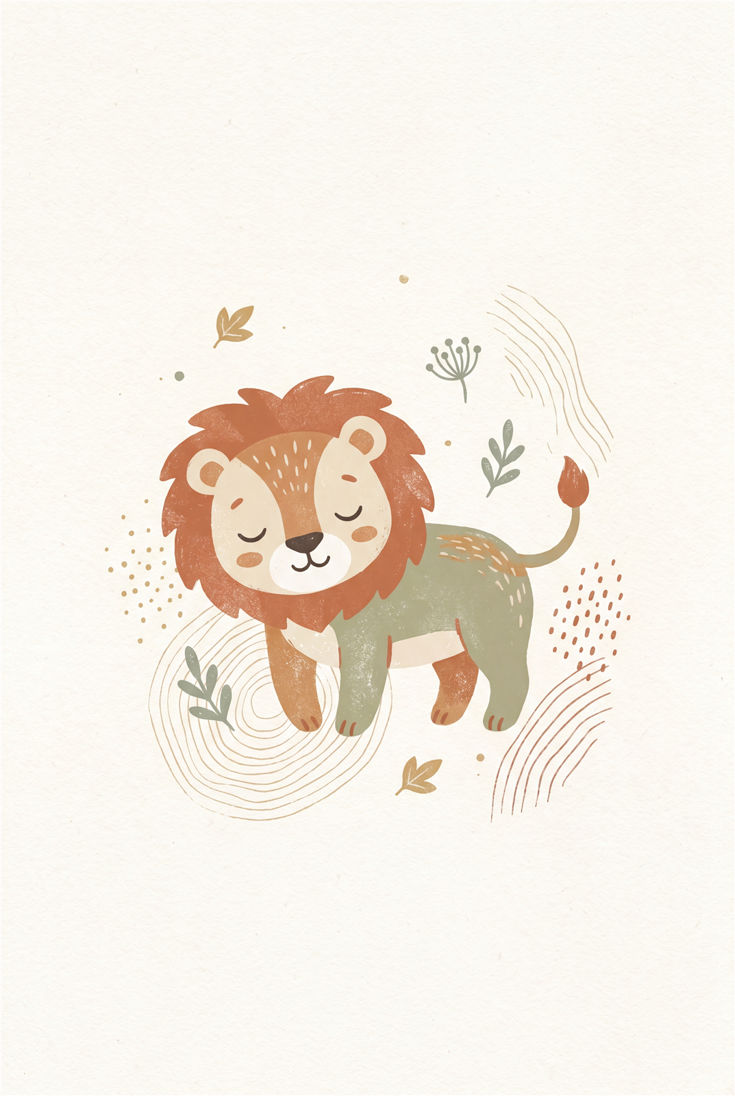 Boho baby lion cub printable nursery poster in warm neutrals