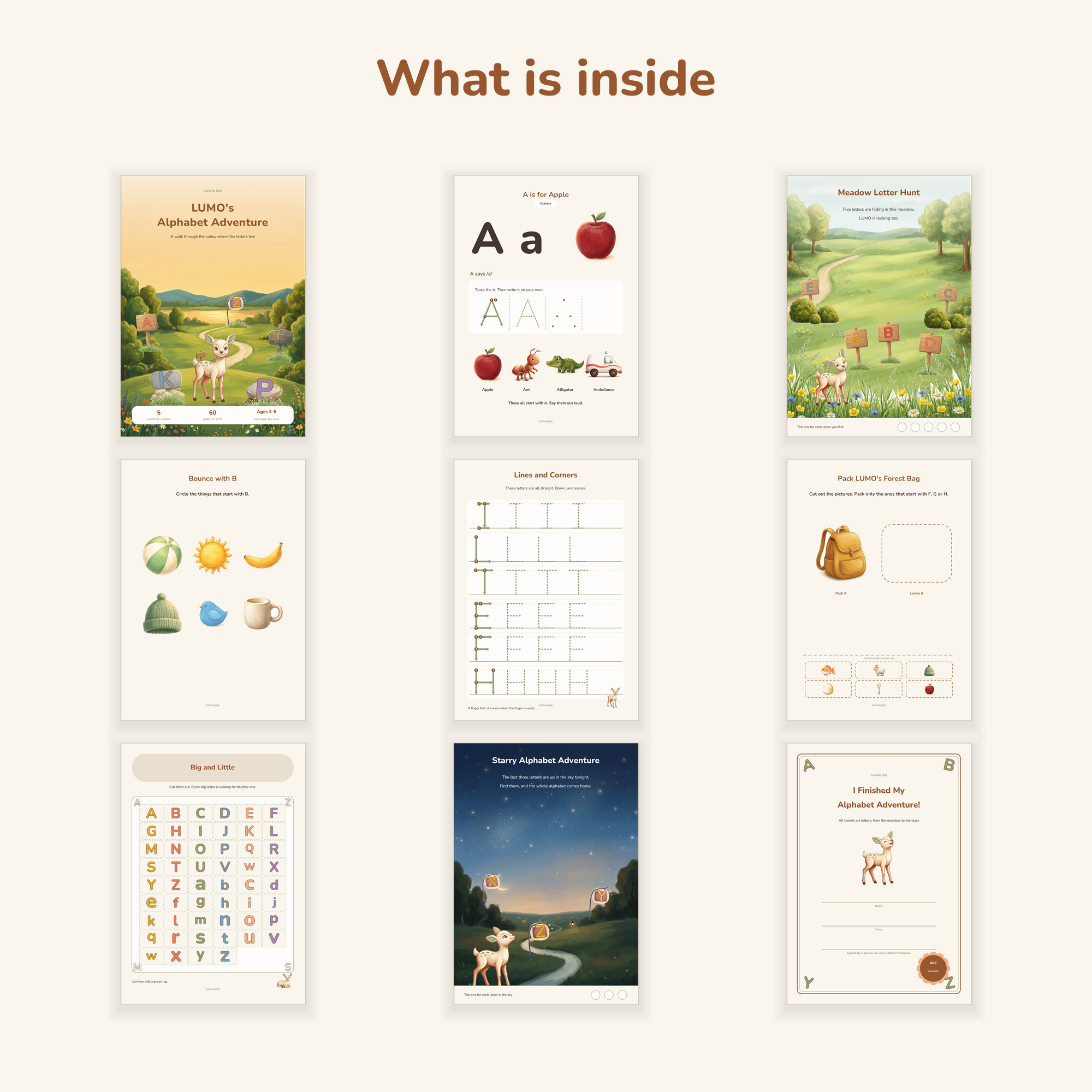 Nine sample pages from the kit: cover, letter page, hero scenes, activities, practice, cards and certificate
