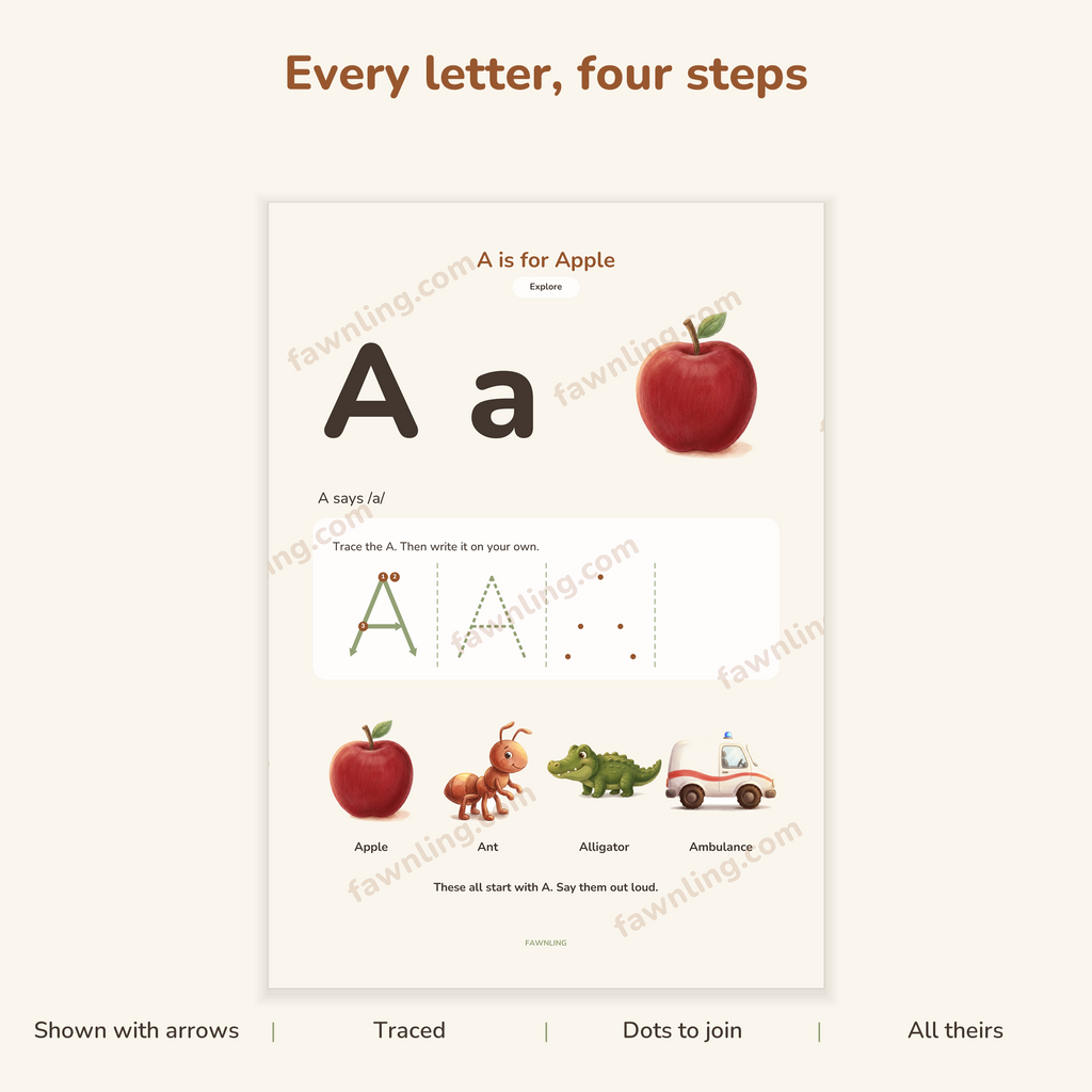 A letter page shown large, with the four writing steps labelled: shown with arrows, traced, dots to join, all theirs