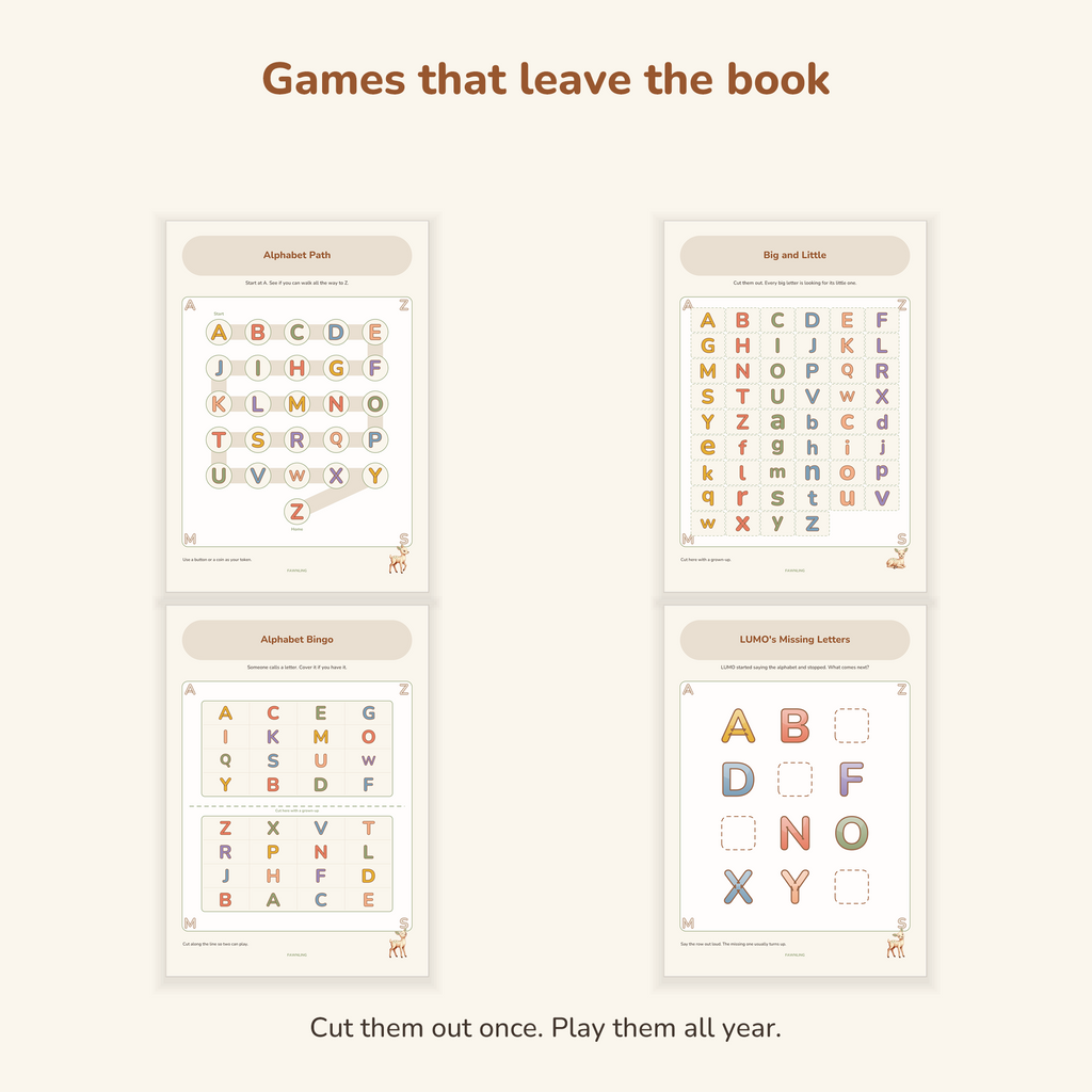 The four cut-and-play games: alphabet path, big and little cards, bingo boards and missing letters
