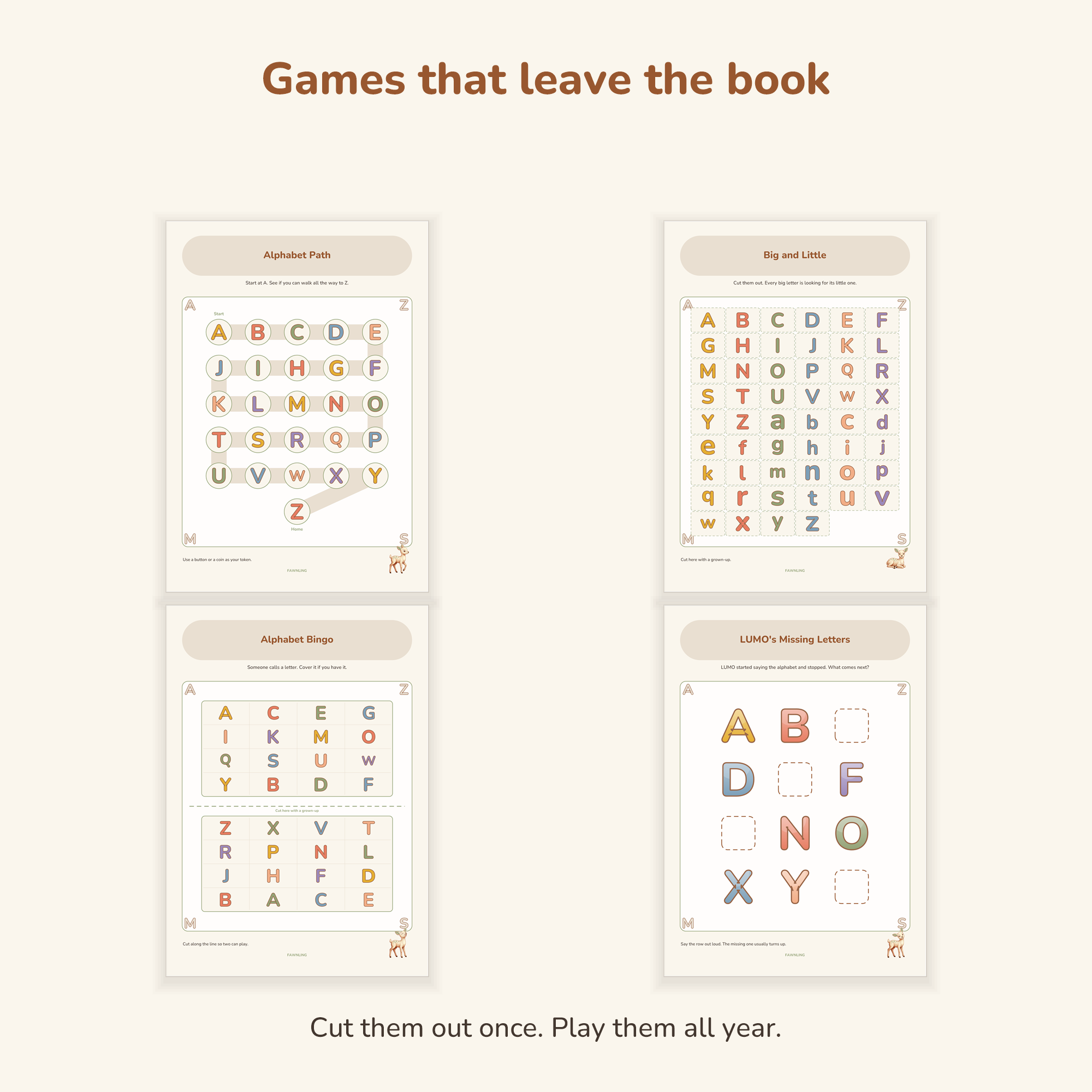 The four cut-and-play games: alphabet path, big and little cards, bingo boards and missing letters