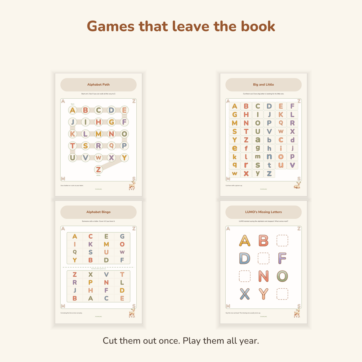 The four cut-and-play games: alphabet path, big and little cards, bingo boards and missing letters