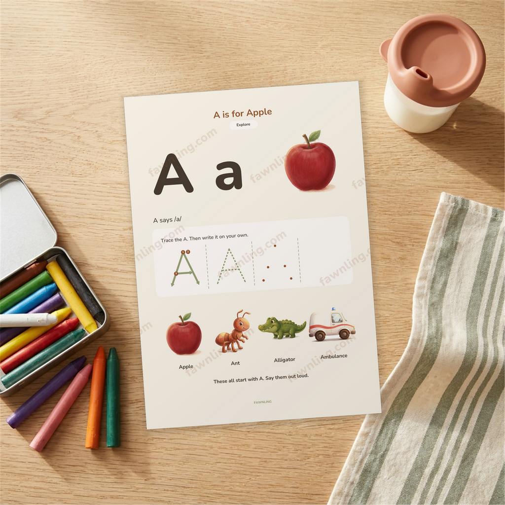 A printed alphabet page on a kitchen table with wax crayons beside it