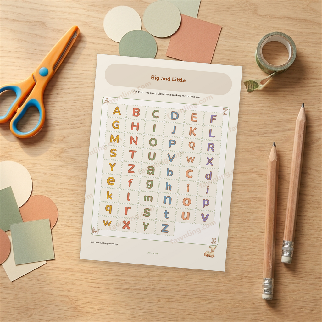 The cut-out letter card sheet on a desk with child safety scissors and pencils