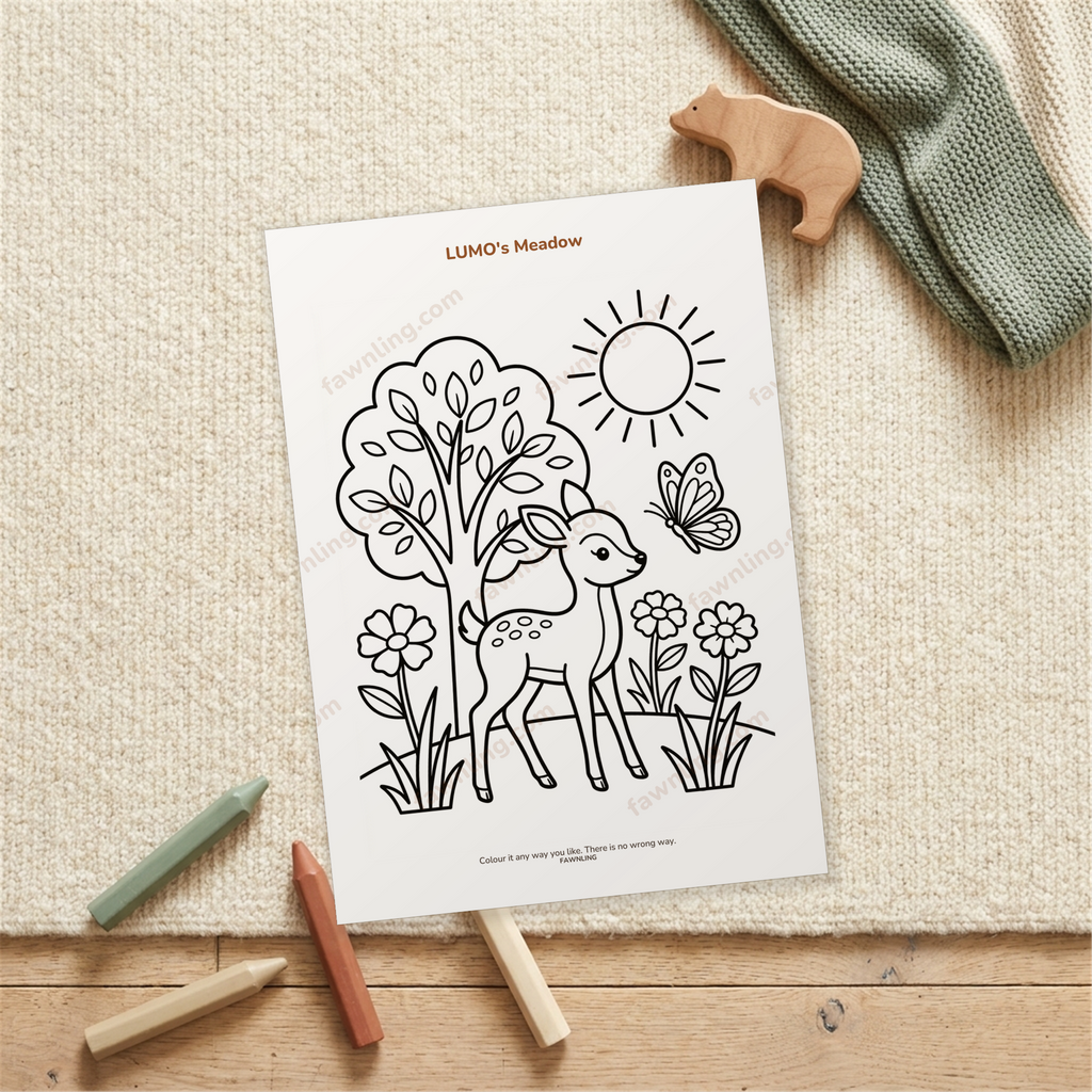 A LUMO colouring page on a soft rug with crayons and a wooden toy beside it