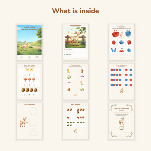 Nine real pages from inside the book: sorting colors, counting, matching, patterns, tracing and the certificate