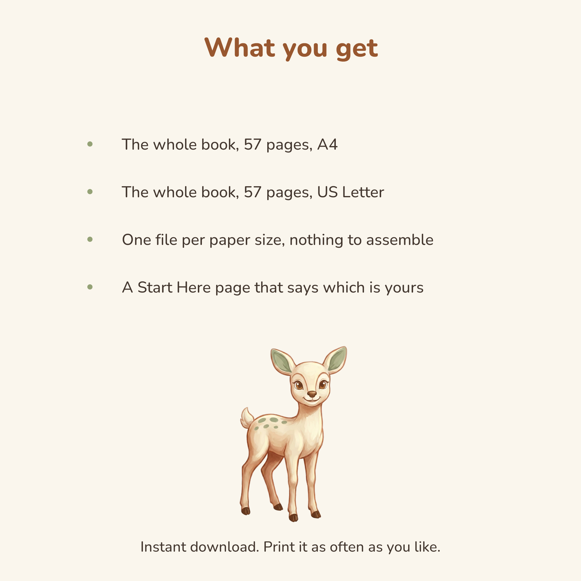 What you get: the whole book as one PDF for A4 and one for US Letter, plus a Start Here page