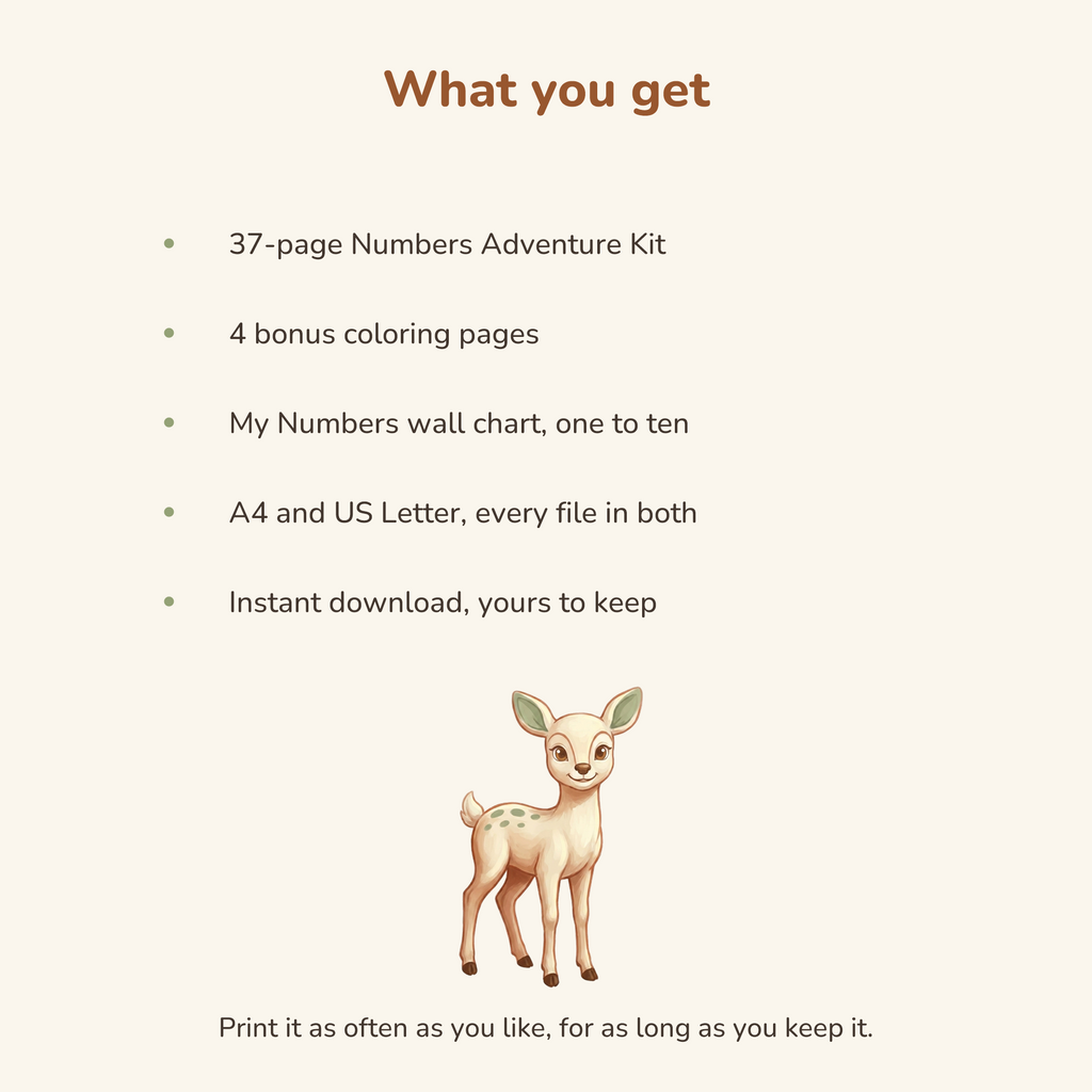 What you get: the 37 page Numbers Adventure Kit, four bonus coloring pages, the My Numbers wall chart, A4 and US Letter, instant download