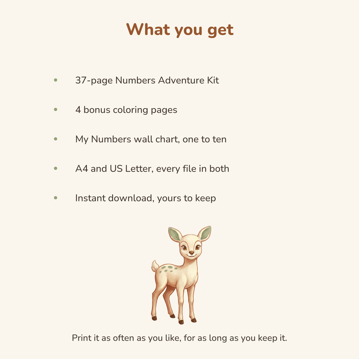What you get: the 37 page Numbers Adventure Kit, four bonus coloring pages, the My Numbers wall chart, A4 and US Letter, instant download