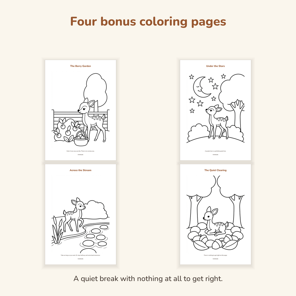 Four bonus coloring pages: the berry garden, under the stars, across the stream and the quiet clearing, all in clean black line art