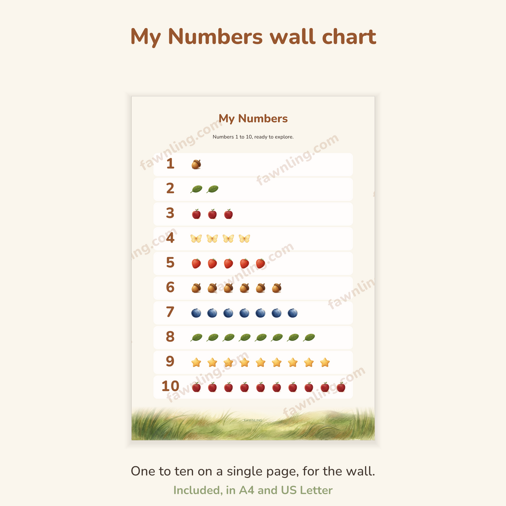 The My Numbers wall chart, one to ten down the page with exactly that many acorns, leaves, apples, butterflies, strawberries, blueberries and stars
