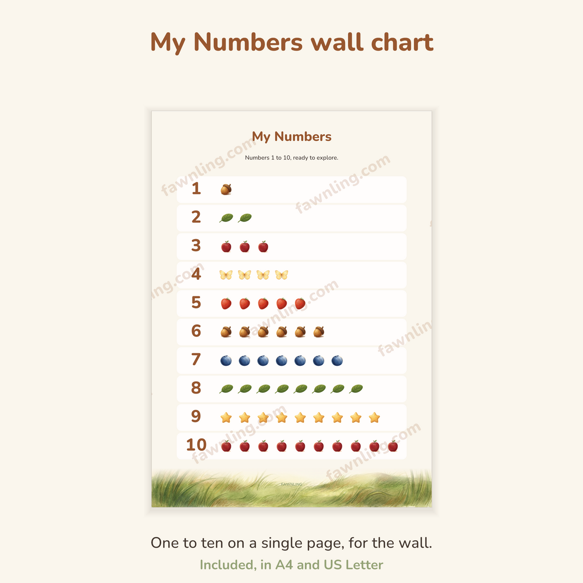 The My Numbers wall chart, one to ten down the page with exactly that many acorns, leaves, apples, butterflies, strawberries, blueberries and stars