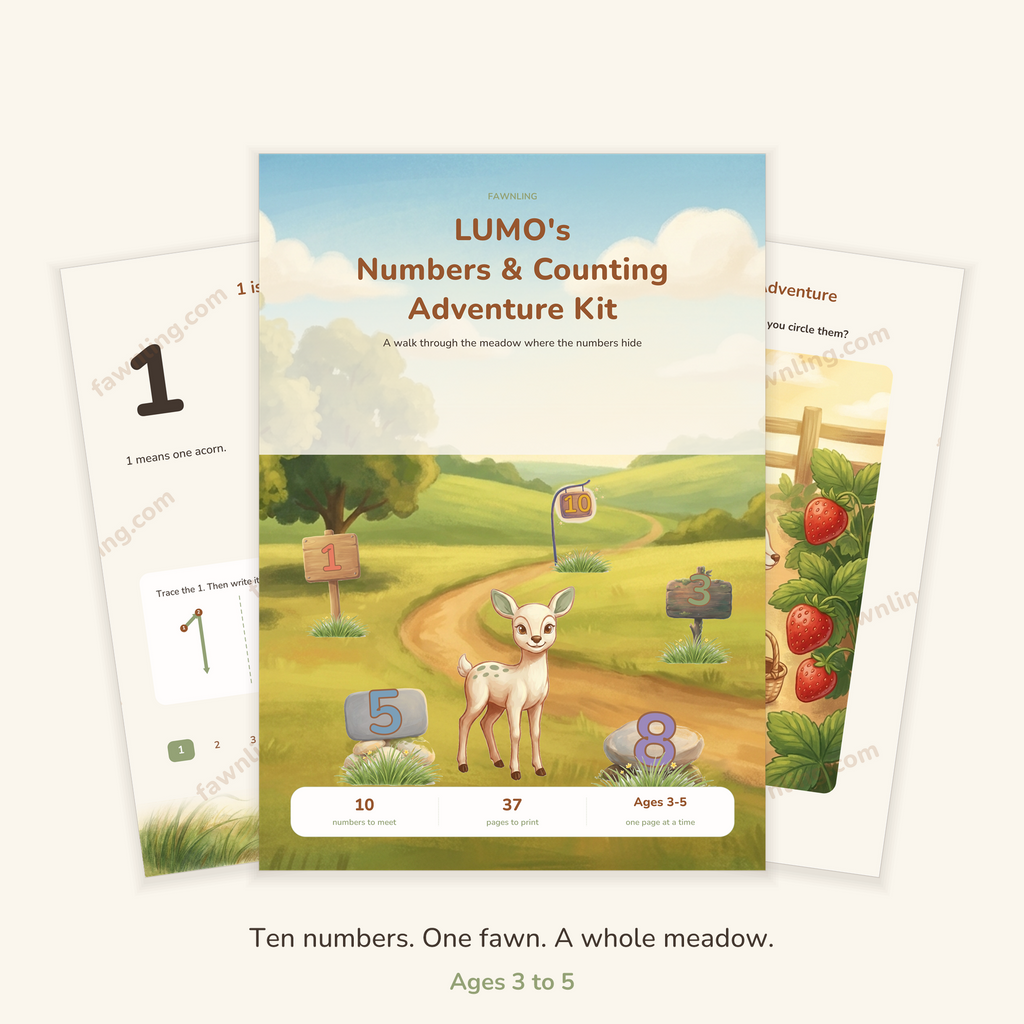 LUMO's Numbers and Counting Adventure Kit, printable cover with pages fanned behind it, ages 3 to 5