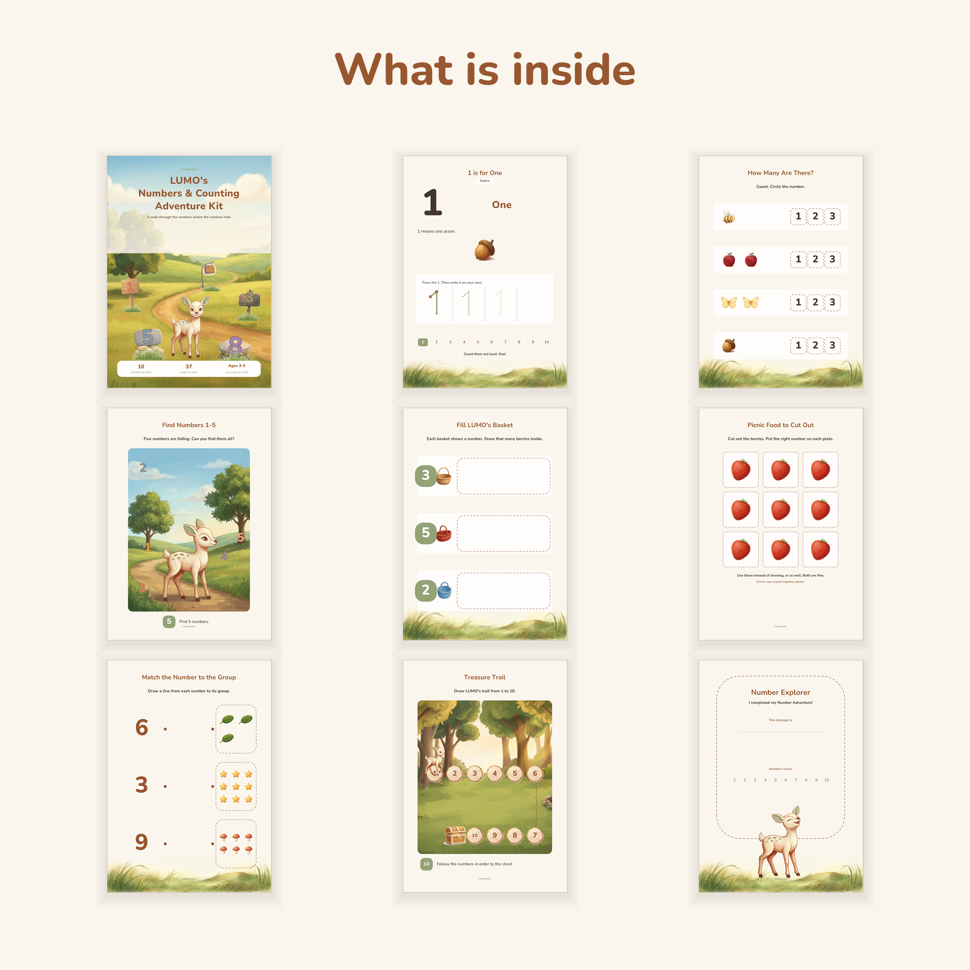 Nine real pages from the kit: number pages, counting activities, a cutting sheet and the certificate