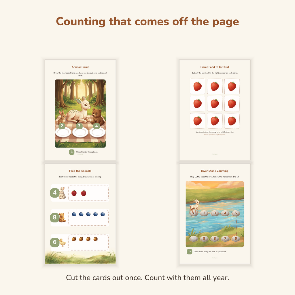 Counting activities including cut out cards, feeding the animals and a numbered stone trail