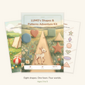 LUMO's Shapes and Patterns Adventure Kit, cover with two sample pages fanned behind it. Eight shapes. One fawn. Four worlds. Ages 3 to 5.