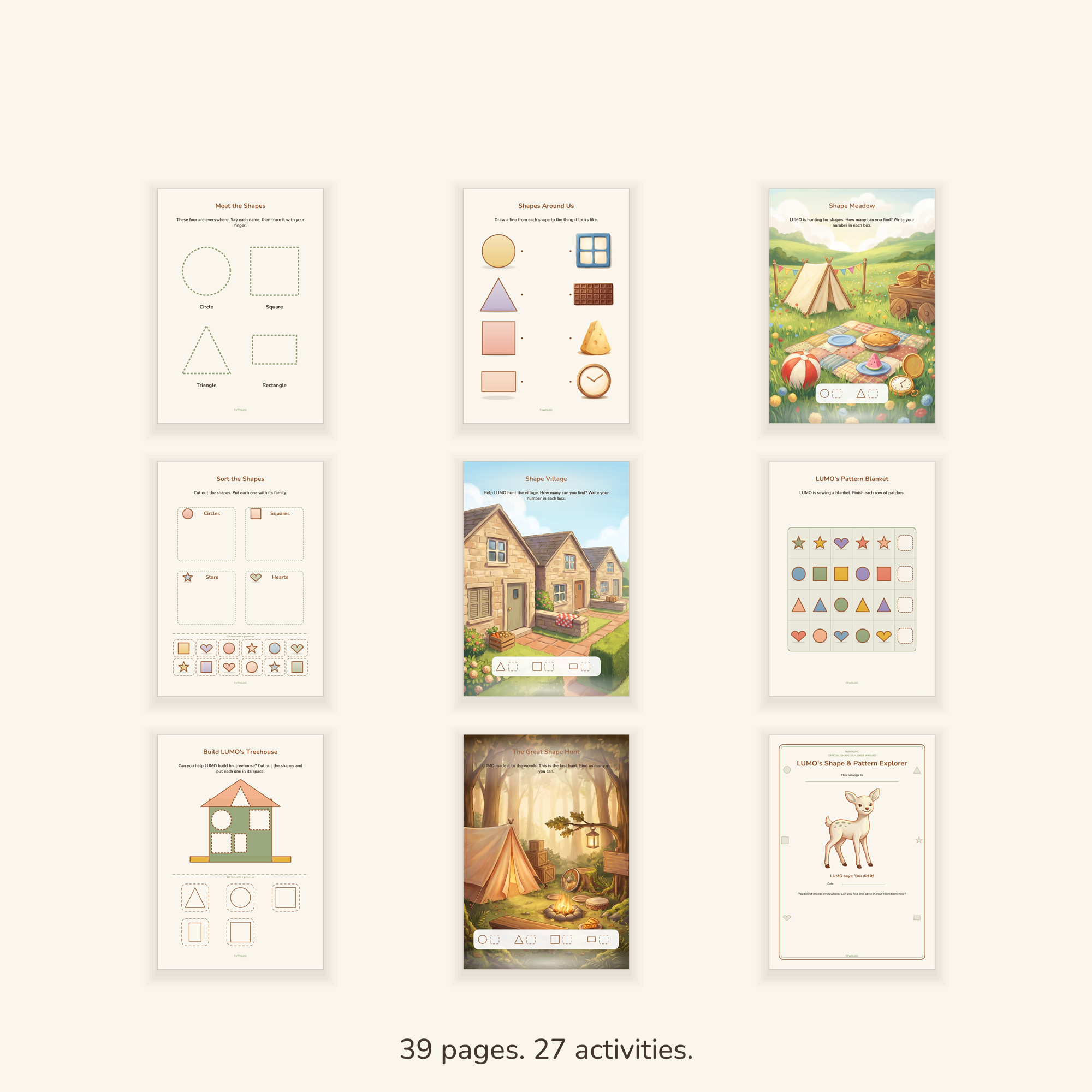 Nine sample pages from the kit: tracing shapes, a triangle hunt, the shape meadow, sorting, the shape village, a pattern blanket, a shape maze, the great shape hunt and the explorer certificate. 39 pages, 27 activities.