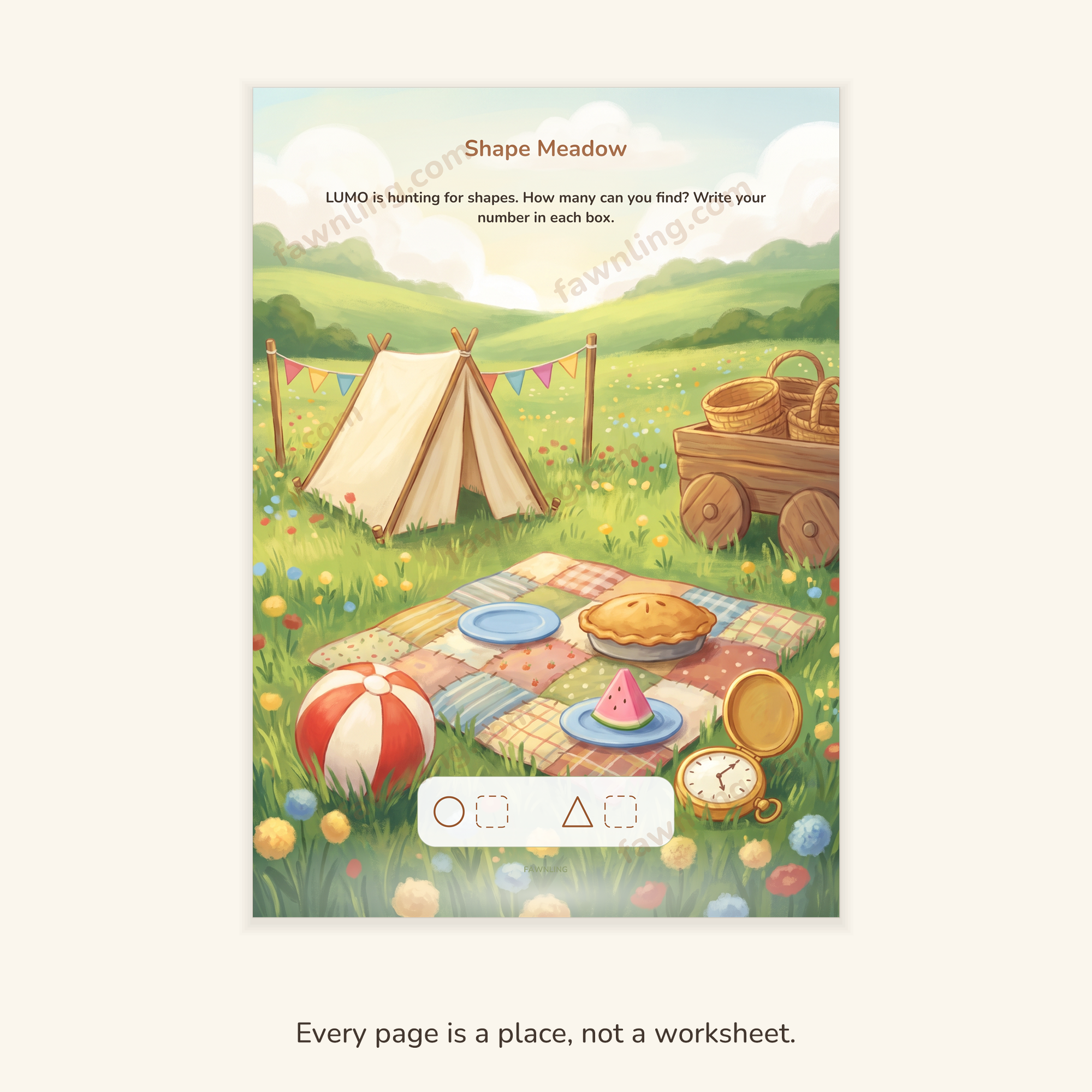 One full page shown at reading size: the Shape Meadow, a painted picnic scene where the child finds a circle and a triangle.