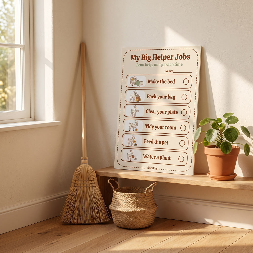Printable helper jobs board in a cozy corner with a broom and basket