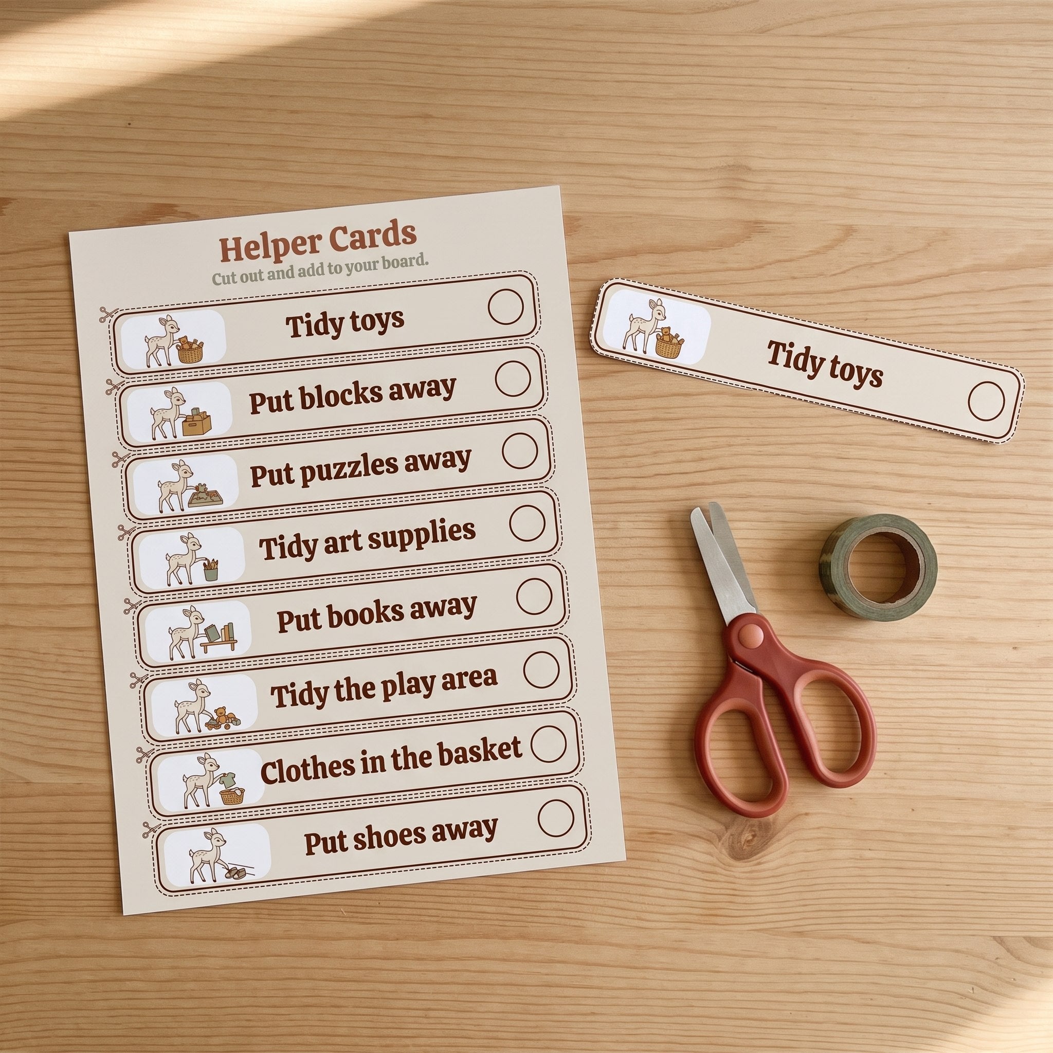Printable helper cards being cut out with child-safe scissors