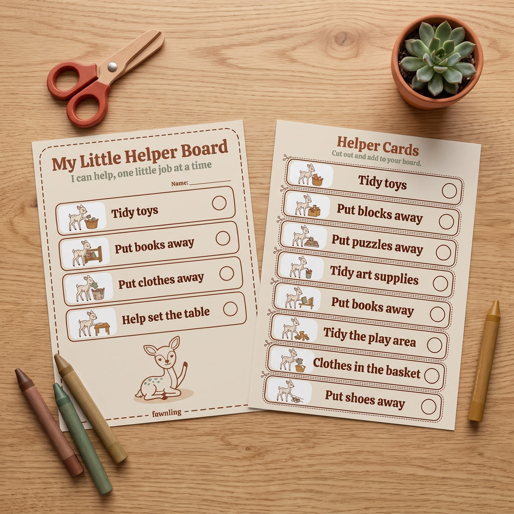 LUMO's Little Helper Kit printable board and job cards laid out with child-safe scissors and crayons