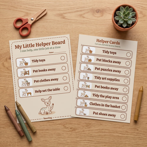LUMO's Little Helper Kit printable board and job cards laid out with child-safe scissors and crayons
