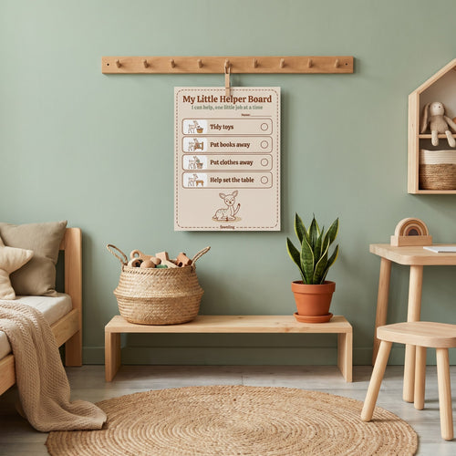 Printable helper chore board hanging on a peg rail in a children's playroom