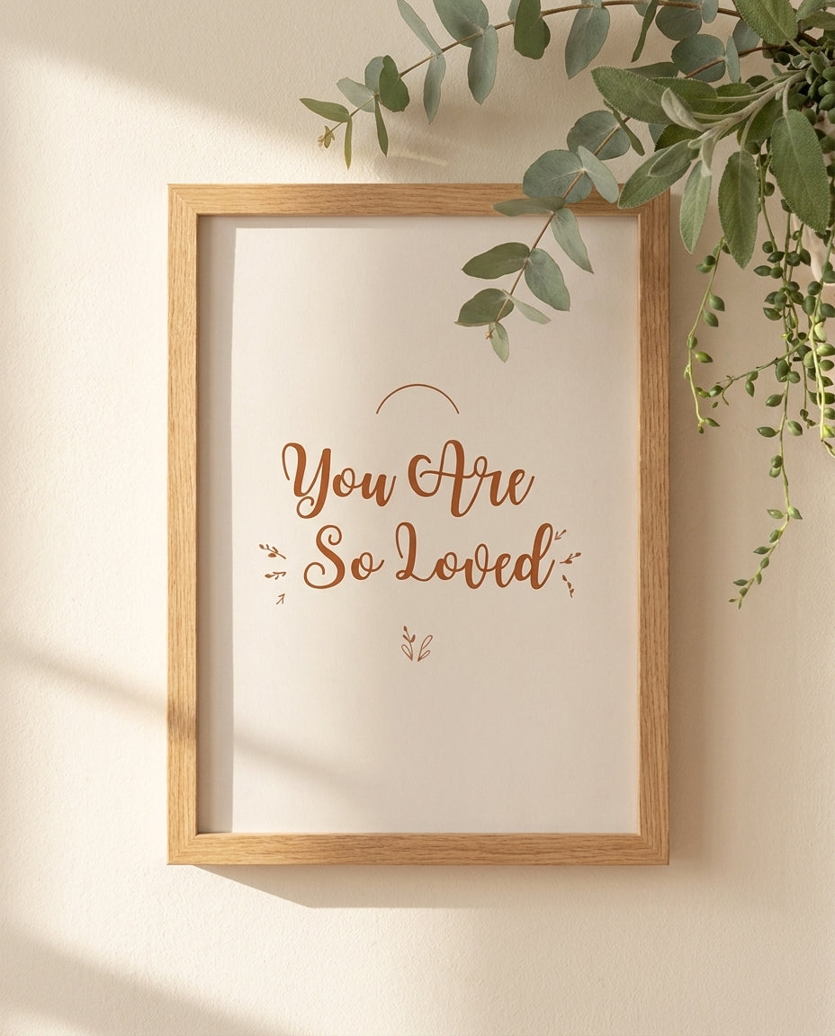 You Are So Loved boho nursery print framed close-up with eucalyptus