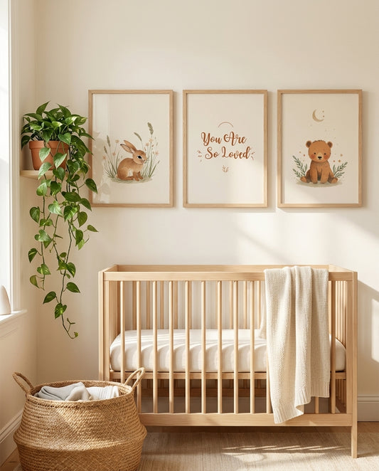 Boho nursery gallery wall, set of 3 neutral prints framed above a crib in a sunlit nursery