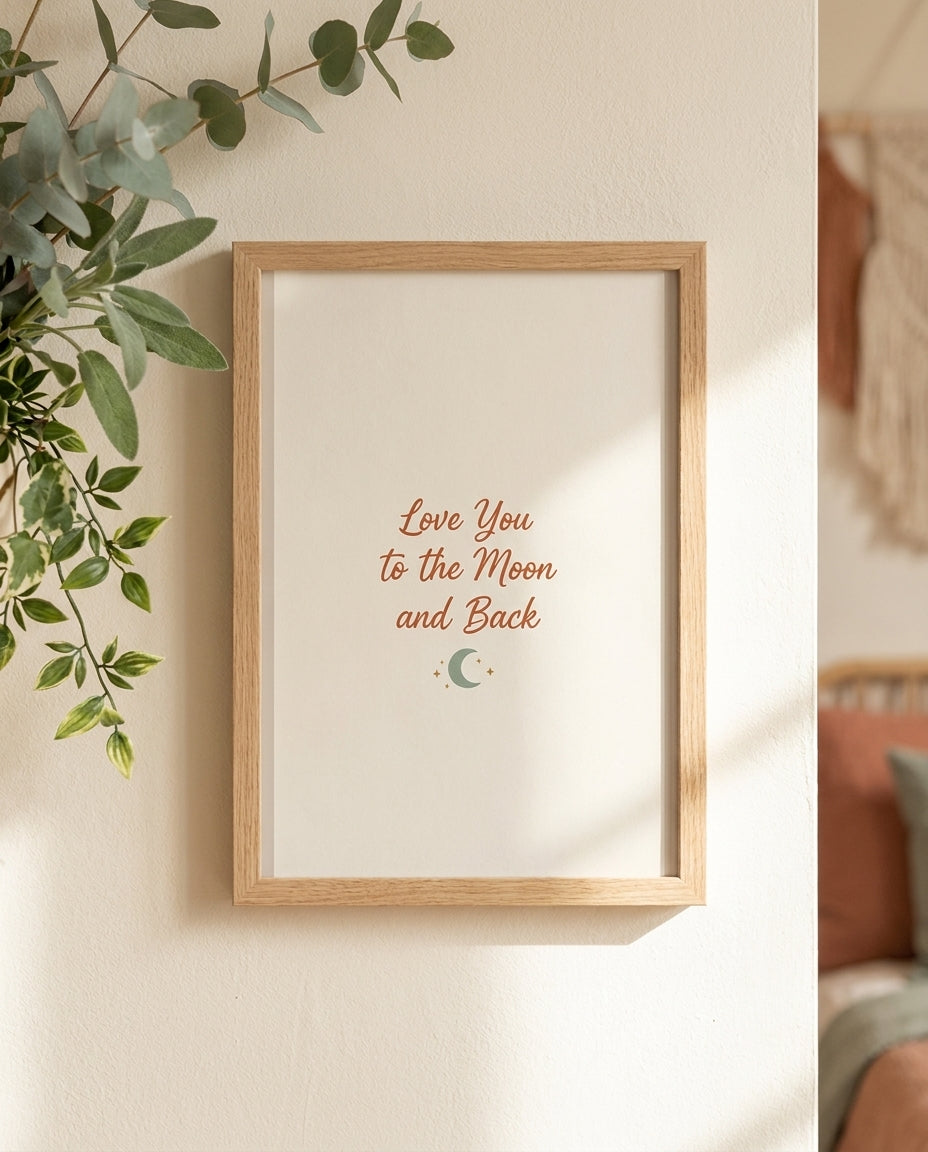 Love You to the Moon and Back nursery print framed close-up with eucalyptus