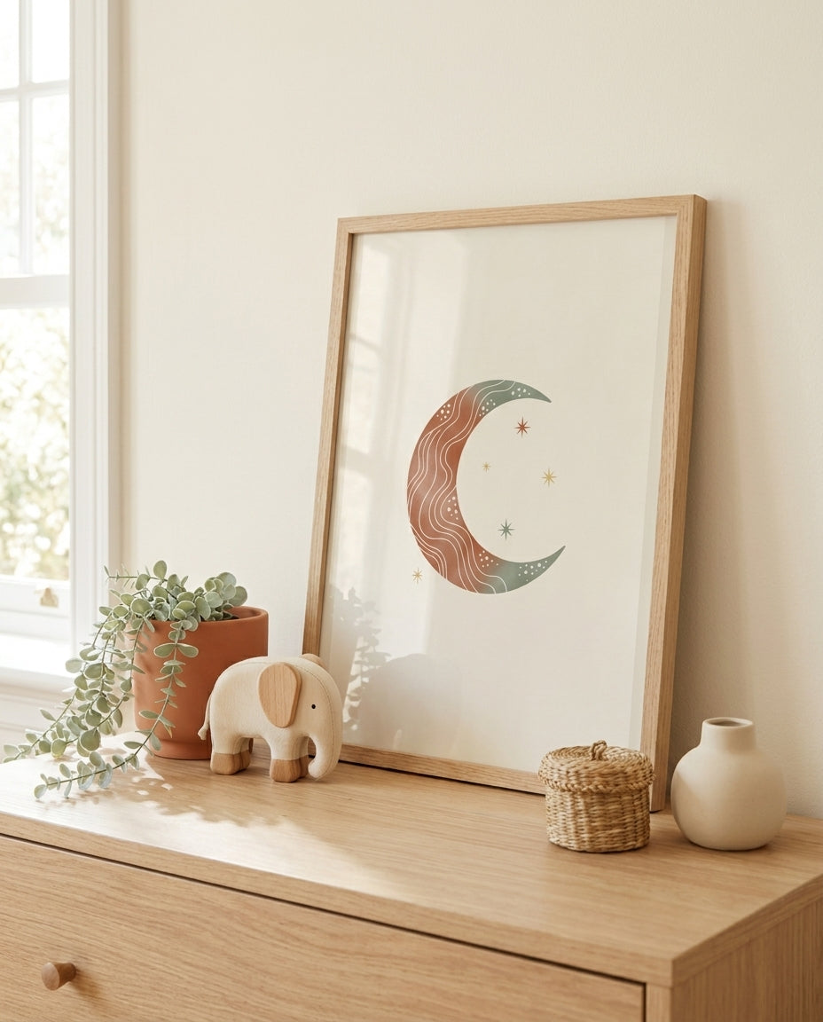 Celestial moon nursery print framed and leaning on a wooden dresser with plant