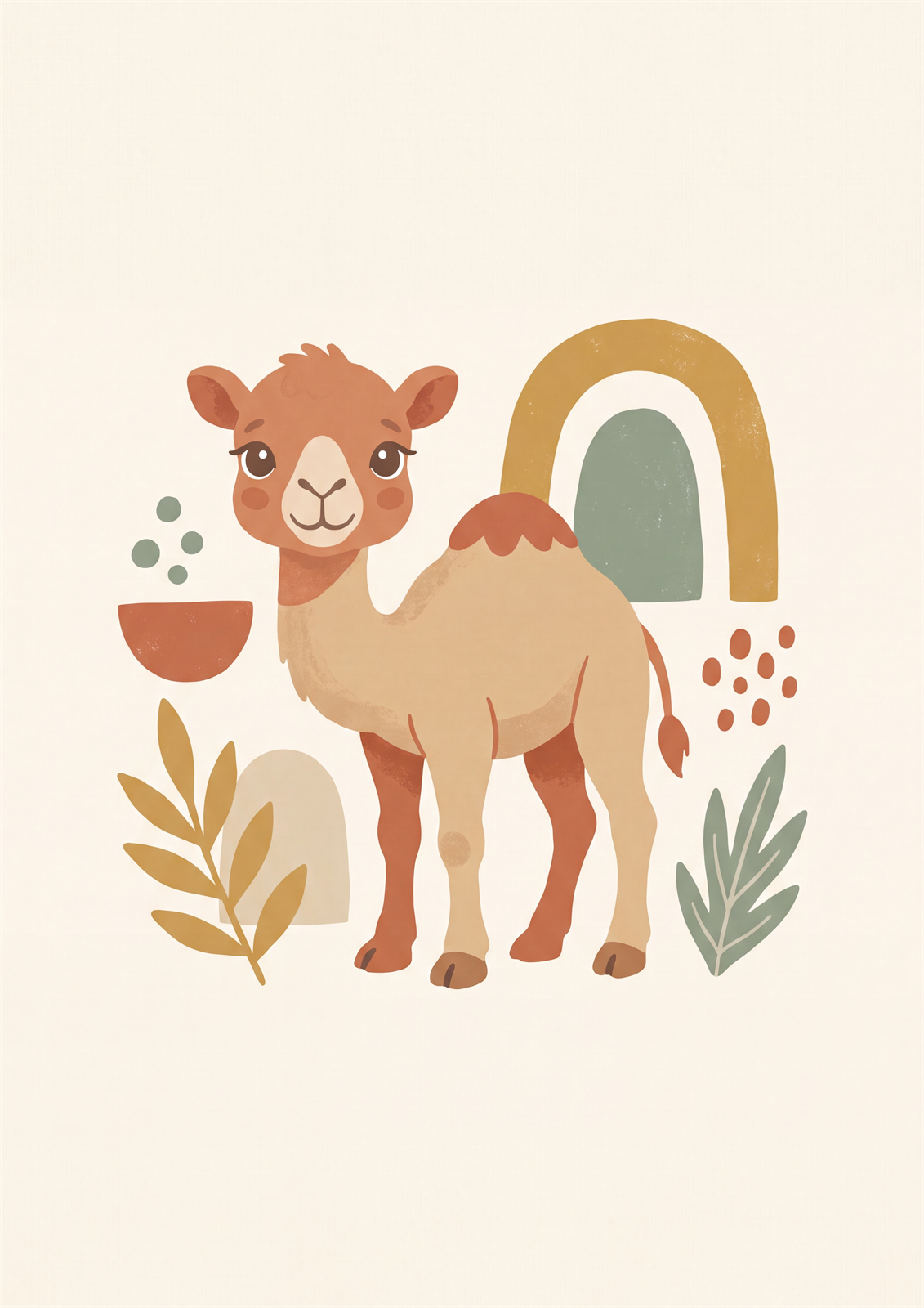 Boho baby camel printable nursery poster in warm terracotta and sand