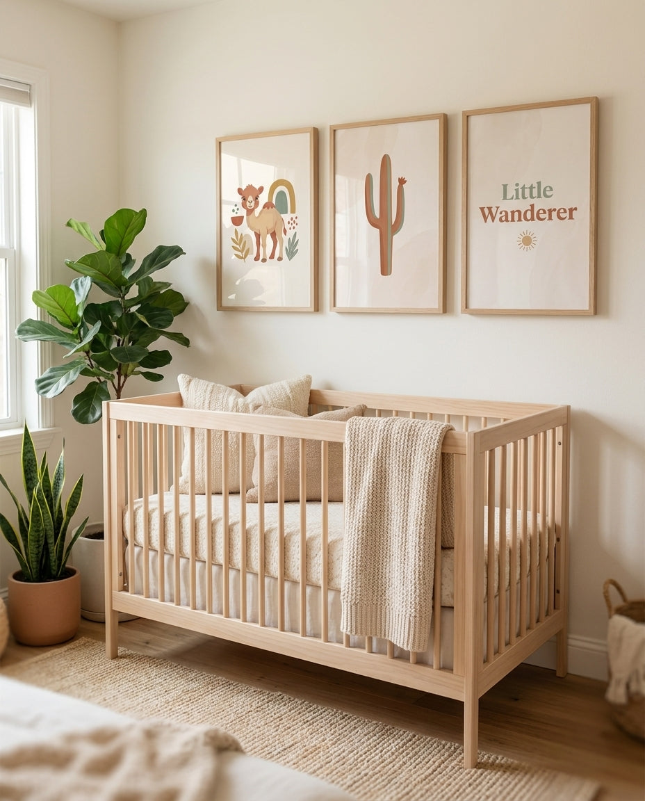 Desert boho nursery gallery wall, baby camel, cactus and Little Wanderer prints above a crib