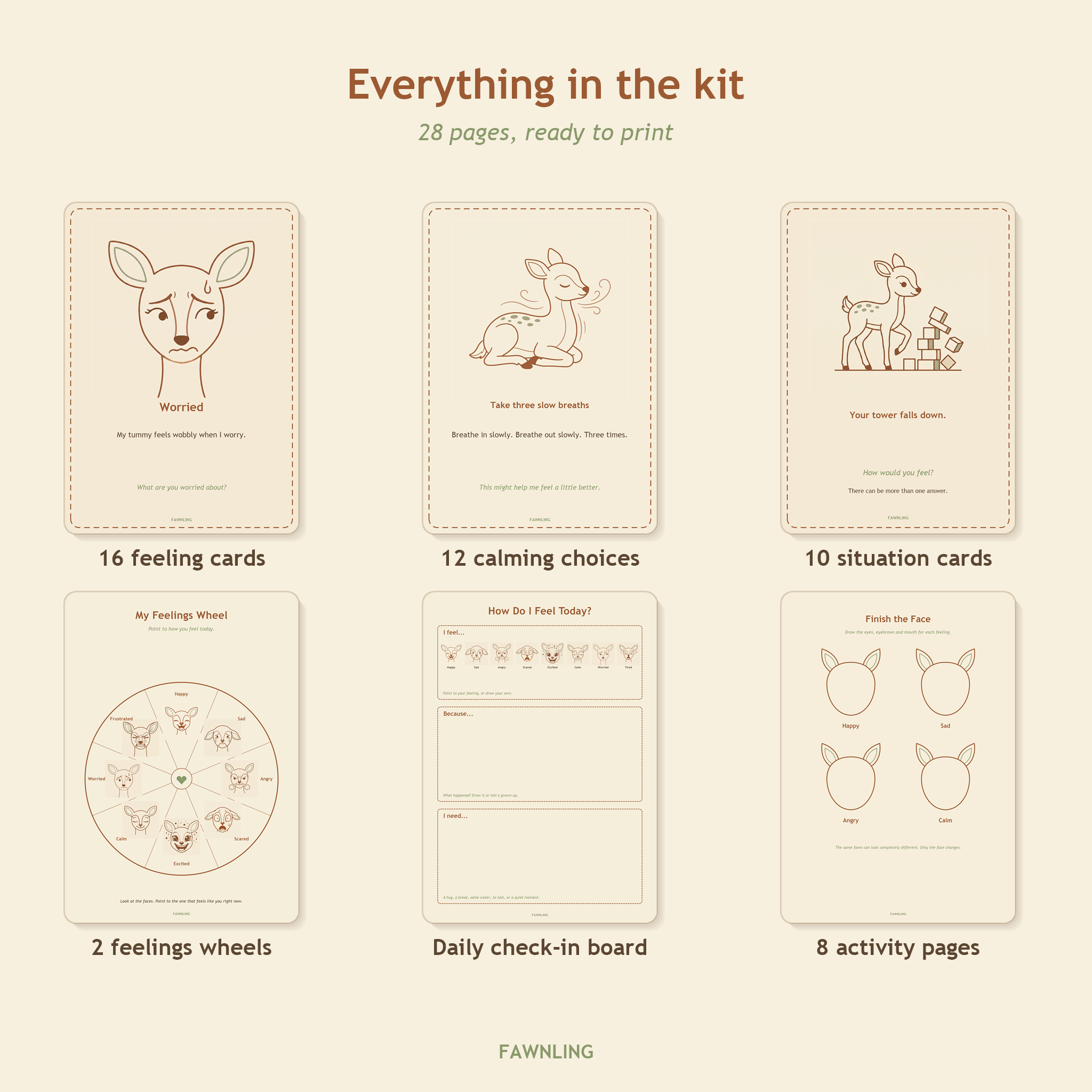 Everything inside the kit: feeling cards, calming choices, wheels and activity pages